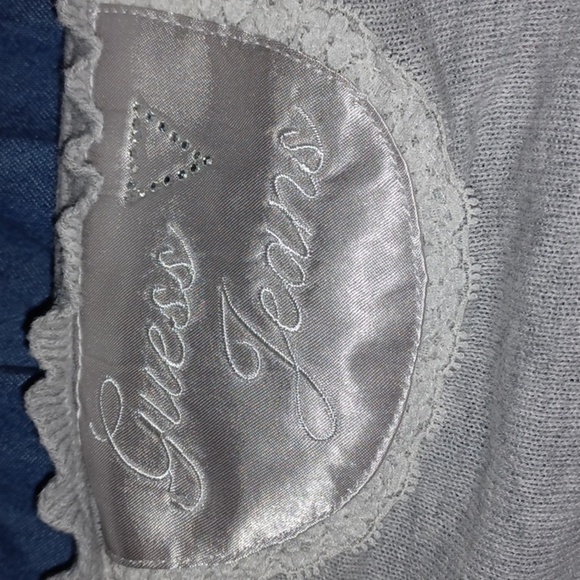 GUESS Mini Cropped Cardigan, gray w/white polka dots, scoop neck - Picture 5 of 7